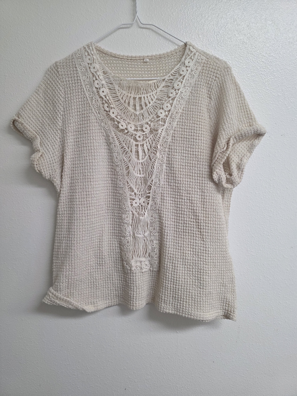 Source Unknown Crochet-Inset Waffle Tunic - Cream (0737)